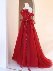 Burgundy A-Line Tulle Long Corset Prom Dress, Burgundy Tulle Corset Formal Dress outfit, Evening Dress With Sleeves