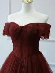 Burgundy A line Tulle Long Corset Prom Dresses, Burgundy Long Corset Bridesmaid Dresses outfit, Bridesmaid Dresses Quick Shipping