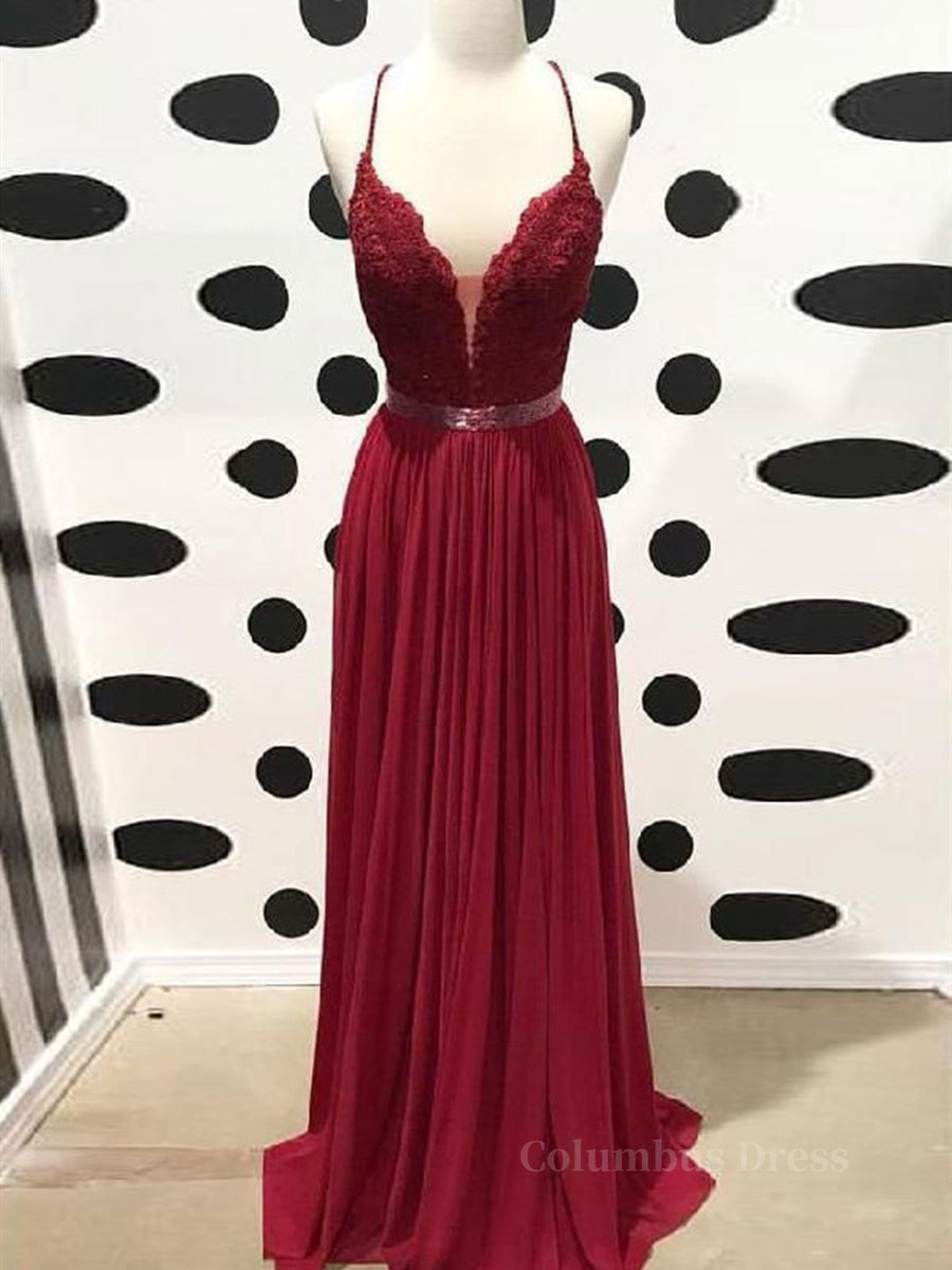 Burgundy A Line V Neck Backless Lace Tulle Long Corset Prom Dresses, Burgundy Lace Corset Formal Dresses, Burgundy Evening Dresses outfit, Bridesmaid Dresses Summer Wedding