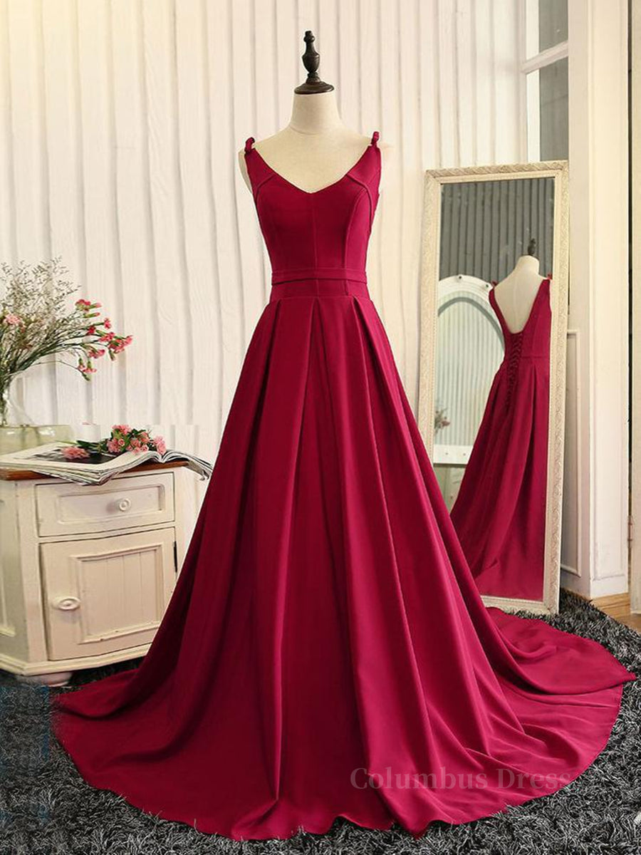 Burgundy A Line V Neck Sweep Train Open Back Satin Long Corset Prom Dress, V Neck Burgundy Corset Formal Dress, Backless Evening Dress outfit, Bridesmaids Dresses Color Palettes