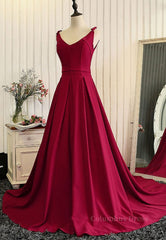 Burgundy A Line V Neck Sweep Train Open Back Satin Long Corset Prom Dress, V Neck Burgundy Corset Formal Dress, Backless Evening Dress outfit, Bridesmaid Dress Color Palettes