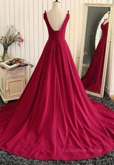 Burgundy A Line V Neck Sweep Train Open Back Satin Long Corset Prom Dress, V Neck Burgundy Corset Formal Dress, Backless Evening Dress outfit, Bridesmaid Dresses Color Palette