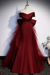 Burgundy Mermaid Long Corset Prom Dress, Off the Shoulder V-Neck Corset Formal Evening Dress outfit, Party Dresses Winter
