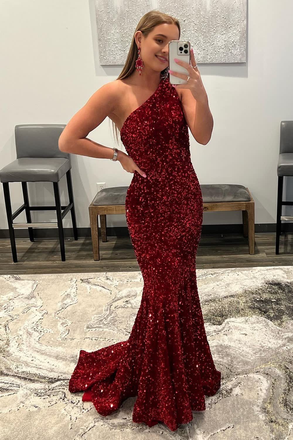 Burgundy Mermaid Sequins Long Corset Prom Dress outfits, Burgundy Mermaid Sequins Long Prom Dress