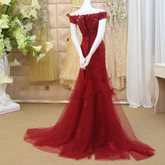 Burgundy Mermaid Tulle Evening Gown with Lace Applique, Off Shoulder Corset Prom Dress outfits, Prom Dresses Sweetheart