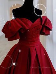 Burgundy off shoulder satin long Corset Prom dress, burgundy evening dress outfit, Homecoming Dresses Blues