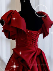 Burgundy off shoulder satin long Corset Prom dress, burgundy evening dress outfit, Homecomming Dresses Red
