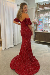 Burgundy Off Shoulder Sequins Mermaid Corset Prom Dress with Slit Gowns, Burgundy Off Shoulder Sequins Mermaid Prom Dress with Slit