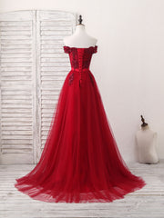 Burgundy Off Shoulder Tulle Lace Applique Long Corset Prom Dress, Evening Dress outfit, Prom Dresses Orange