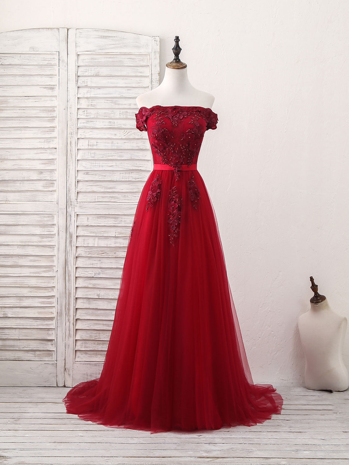 Burgundy Off Shoulder Tulle Lace Applique Long Corset Prom Dress, Evening Dress outfit, Prom Dress Long Sleeve Ball Gown