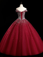 Burgundy Off Shoulder Tulle Sequin Long Corset Prom Dress, Burgundy Sweet 16 Dress outfit, Party Dress Shop