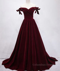 Burgundy Off Shoulder Velvet Long Corset Prom Dress, Off Shoulder Burgundy Graduation Dress, Evening Dress outfit, Bridesmaids Dress Ideas