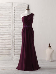 Burgundy One Shoulder Chiffon Mermaid Long Corset Prom Dresses outfit, Party Dress Outfits Ideas