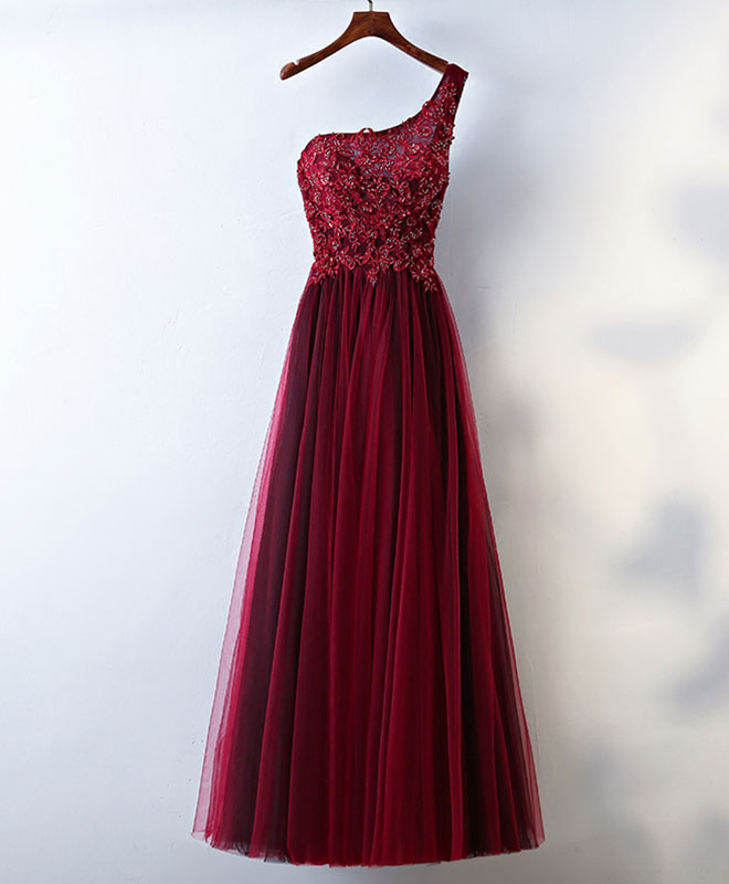 Burgundy One Shoulder Long Corset Prom Dress, Lace Evening Dress outfit, Bridesmaid Dress Color