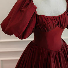 Burgundy Puffy Sleeves Taffeta Long Corset Prom Dress, Floor Length Sweetheart Party Dress Outfits, Party Dresses For Teenage Girl