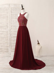 Burgundy Round Neck Chiffon Beads Long Corset Prom Dress outfits, Gown Dress