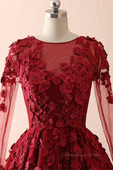 Burgundy round neck lace long Corset Prom dress burgundy evening dress outfit, Homecoming Dresses Short Tight