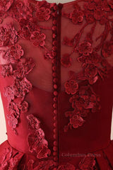 Burgundy round neck lace long Corset Prom dress burgundy evening dress outfit, Homecoming Dresses Tight Short