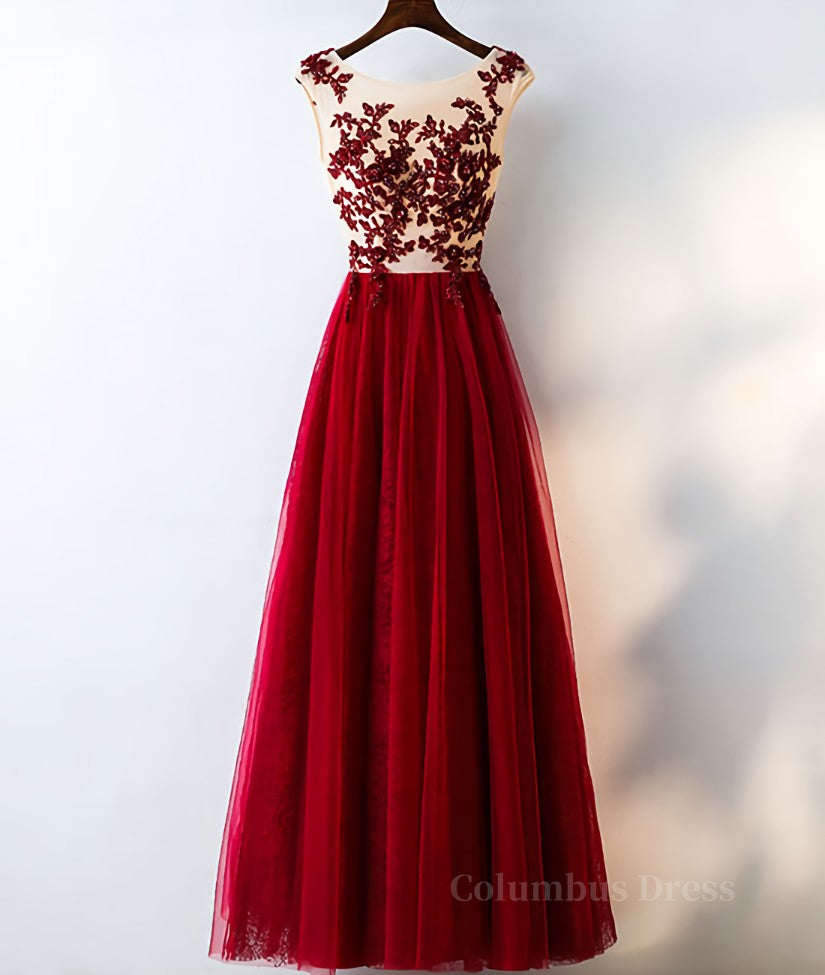 Burgundy round neck tulle lace long Corset Prom dress, Corset Bridesmaid dress outfit, Evening Dresses For Wedding