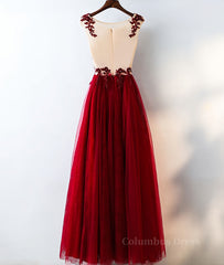 Burgundy round neck tulle lace long Corset Prom dress, Corset Bridesmaid dress outfit, Evening Dresses 90018