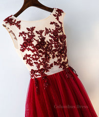 Burgundy round neck tulle lace long Corset Prom dress, Corset Bridesmaid dress outfit, Evening Dress Wholesale