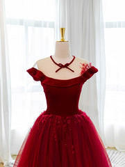 Burgundy Round Neck Tulle Lace Long Corset Prom Dress, Burgundy Evening Dress outfit, Party Dress Baby