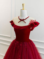 Burgundy Round Neck Tulle Lace Long Corset Prom Dress, Burgundy Evening Dress outfit, Casual Dress