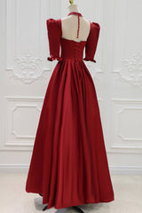 Burgundy Satin High Neck Long Corset Prom Dress, Burgundy A-Line Evening Party Dress Outfits, Cocktail Dress