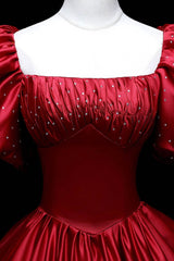 Burgundy Satin Long A-Line Corset Prom Dress, Burgundy Corset Formal Evening Dress outfit, Silk Dress