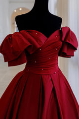Burgundy Satin Long A Line Corset Prom Dress,Elegant Evening Dress outfit, Party Dress And Style