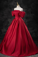 Burgundy Satin Long A-Line Corset Prom Dress, Off the Shoulder Evening Party Dress Outfits, Prom Dress Long Beautiful