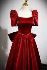 Burgundy Satin Long Corset Prom Dress, A-Line Evening Dress with Bow outfit, Bridesmaids Dress Styles