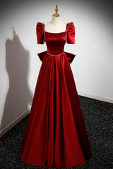 Burgundy Satin Long Corset Prom Dress, A-Line Evening Dress with Bow outfit, Bridesmaid Dresse Styles