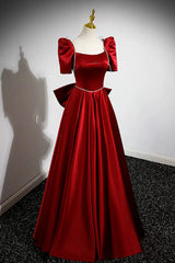 Burgundy Satin Long Corset Prom Dress, A-Line Evening Dress with Bow outfit, Bridesmaids Dress Style