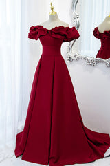 Burgundy Satin Long Corset Prom Dress, A-Line Off Shoulder Evening Party Dress Outfits, Bridal Shower Games