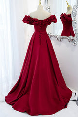 Burgundy Satin Long Corset Prom Dress, A-Line Off Shoulder Evening Party Dress Outfits, Bridesmaid Dresses Mismatched Winter