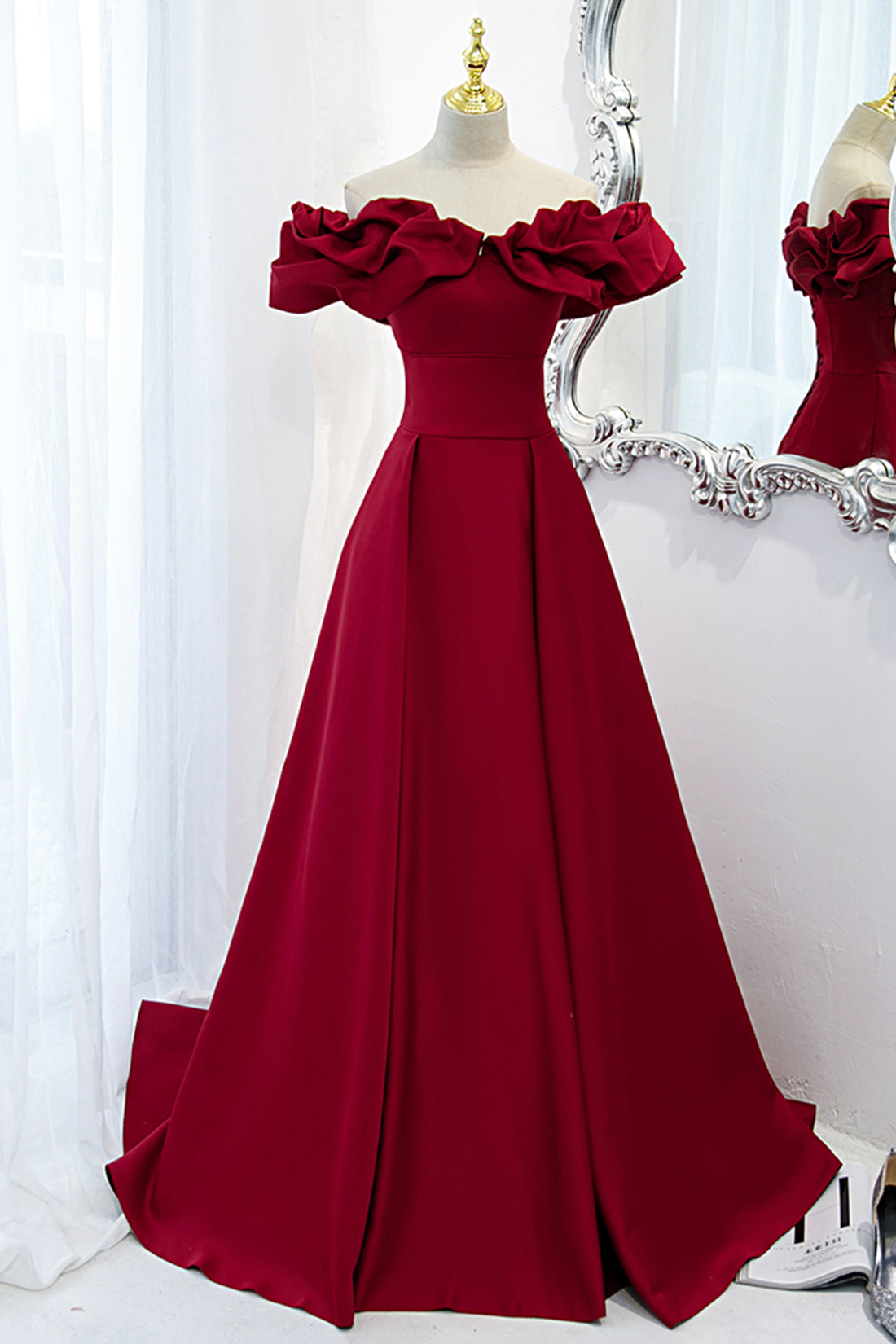 Burgundy Satin Long Corset Prom Dress, A-Line Off Shoulder Evening Party Dress Outfits, Winter Wedding