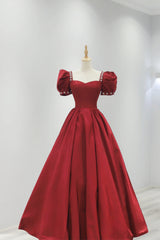 Burgundy Satin Long Corset Prom Dress, A-Line Short Sleeve Evening Dress outfit, Party Dresses Long Dress