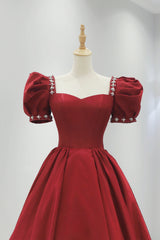 Burgundy Satin Long Corset Prom Dress, A-Line Short Sleeve Evening Dress outfit, Party Dress Trends