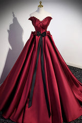 Burgundy Satin Long Corset Prom Dress, Burgundy A-Line Evening Dress outfit, Prom Dress Long With Slit