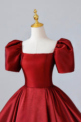 Burgundy Satin Long Corset Prom Dress, Simple A-Line Short Sleeve Evening Dress outfit, Prom Dress 2032