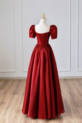 Burgundy Satin Long Corset Prom Dress, Simple A-Line Short Sleeve Evening Dress outfit, Bridesmaid Propos