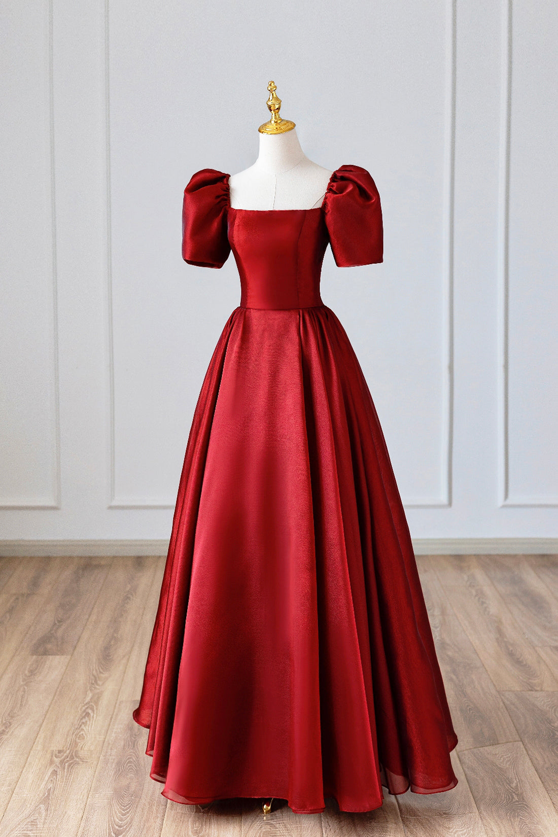 Burgundy Satin Long Corset Prom Dress, Simple A-Line Short Sleeve Evening Dress outfit, Fall Wedding