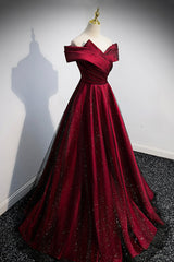 Burgundy Satin Off the Shoulder Corset Prom Dress, A-Line Evening Graduation Dress outfits, Prom Dresses Floral