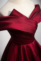 Burgundy Satin Off the Shoulder Corset Prom Dress, A-Line Evening Graduation Dress outfits, Prom Dresses Long Sleeves