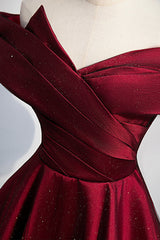 Burgundy Satin Off the Shoulder Corset Prom Dress, A-Line Evening Graduation Dress outfits, Prom Dress Elegent