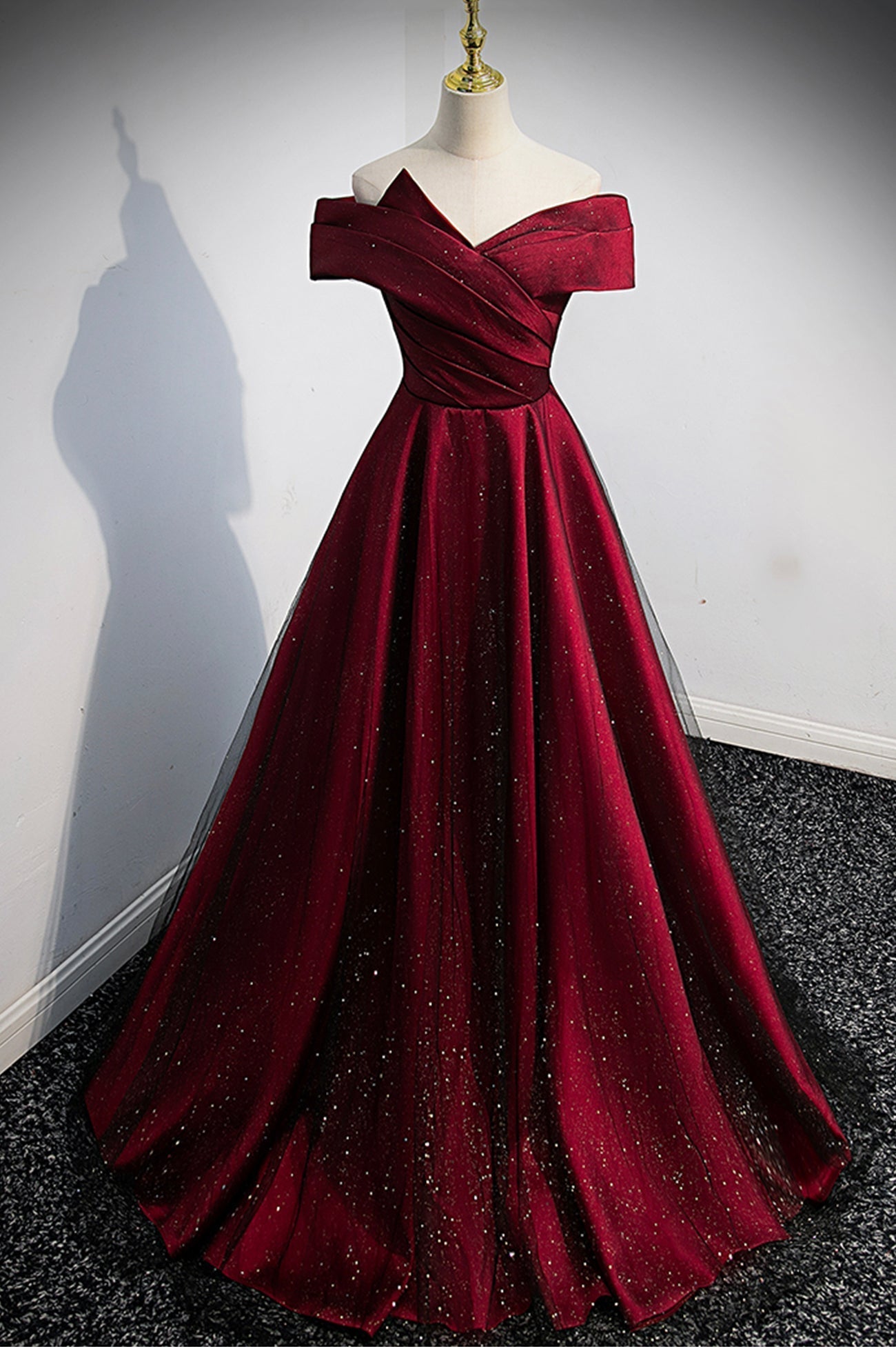 Burgundy Satin Off the Shoulder Corset Prom Dress, A-Line Evening Graduation Dress outfits, Prom Dress Online