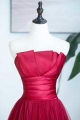 Burgundy Satin Tulle Long Corset Prom Dress, A-Line Strapless Evening Dress outfit, Party Dress Shop