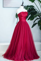 Burgundy Satin Tulle Long Corset Prom Dress, A-Line Strapless Evening Dress outfit, Party Dress Shops