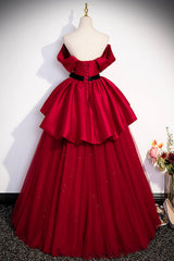 Burgundy Satin Tulle Long Corset Prom Dress, Off Shoulder Evening Dress outfit, Bridesmaid Dresses Strapless